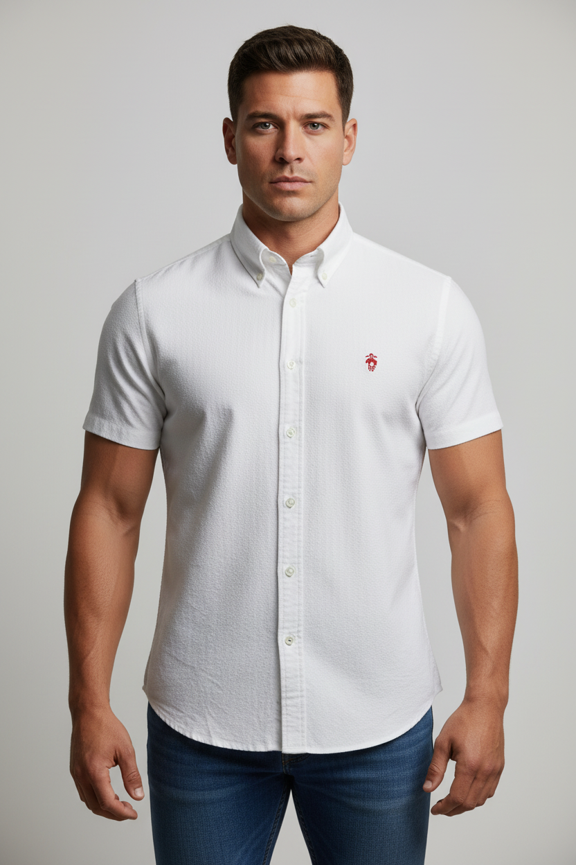 Camisa de botones Brooks Brothers 🐑 Seersucker color blanco y logo rojo Talla L Entalle Regular
