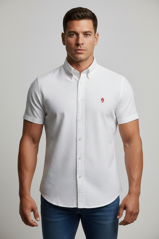 Camisa de botones Brooks Brothers 🐑 Seersucker color blanco y logo rojo Talla L Entalle Regular