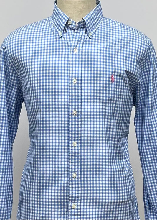 Camisa Polo Ralph Lauren 🏇🏼 con patron de cuadros gingham celeste y blanco Talla L Entalle Slim Fit