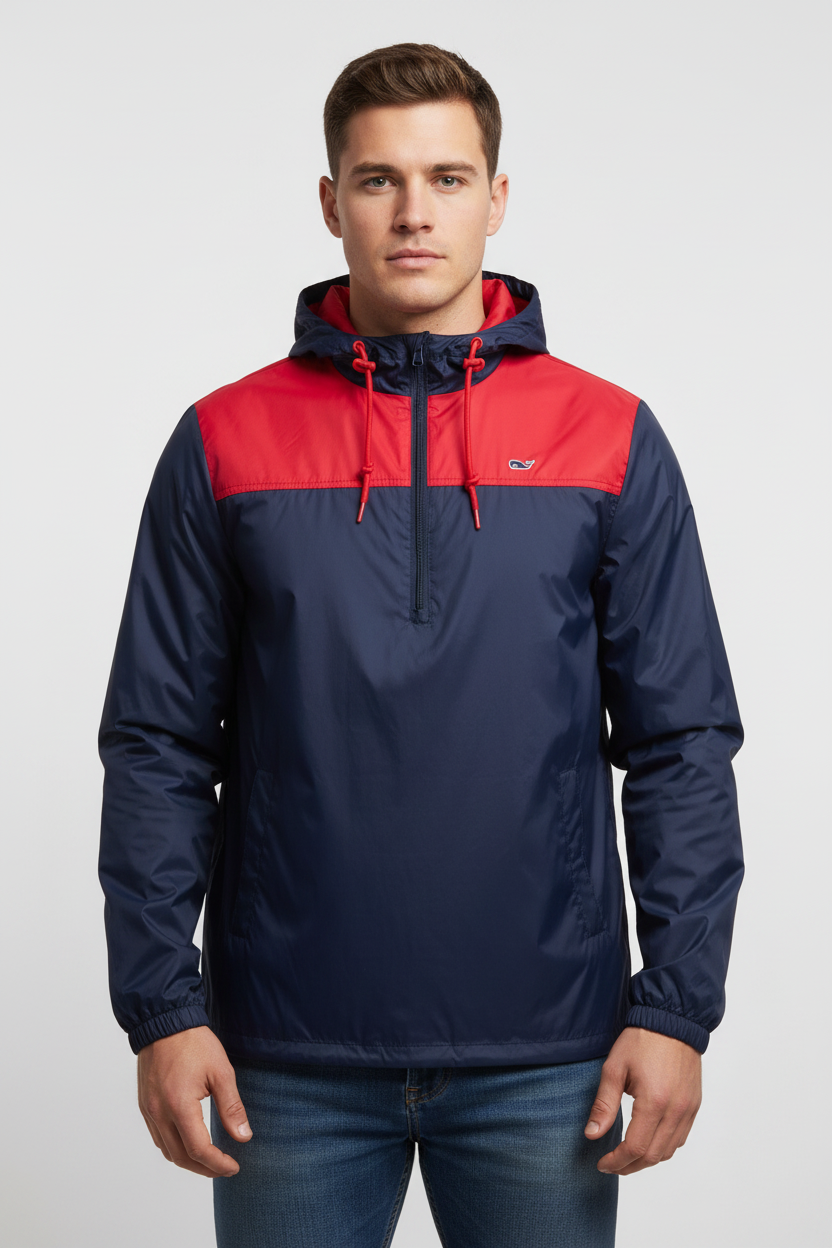 Jacket con capucha Vineyard Vines 🐳 color azul y rojo con zíper de 1/4 y logo tradicional Talla M
