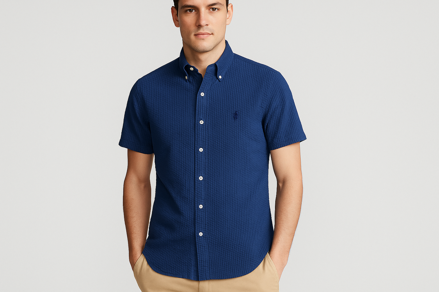 Camisa Polo Ralph Lauren 🏇🏼 Seersucker Color azul navy Talla M Entalle Slim Fit