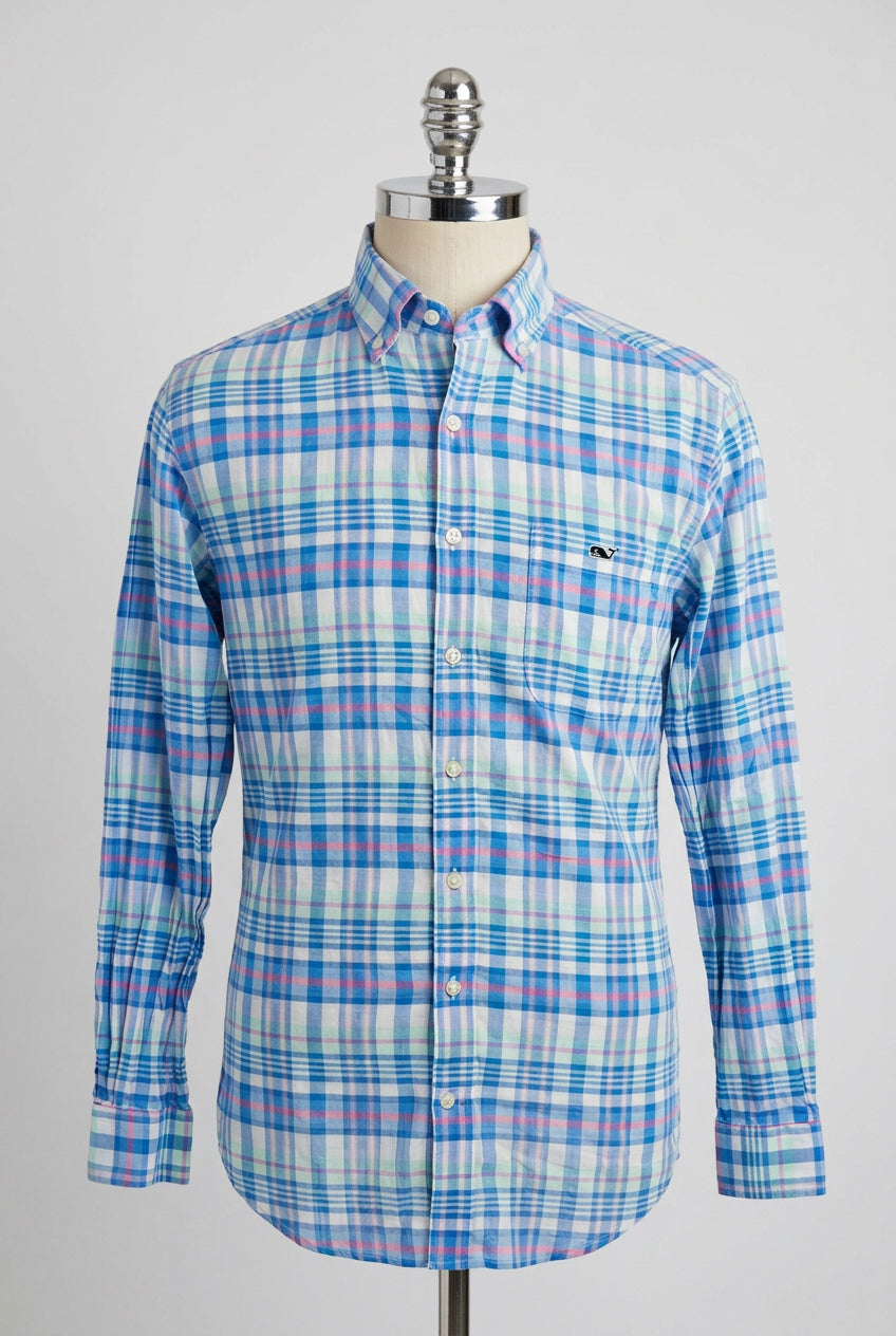Camisa de botones Vineyard Vines 🐳 color blanco de cuadros en verde, azul y rosado Talla M Entalle Slim Fit