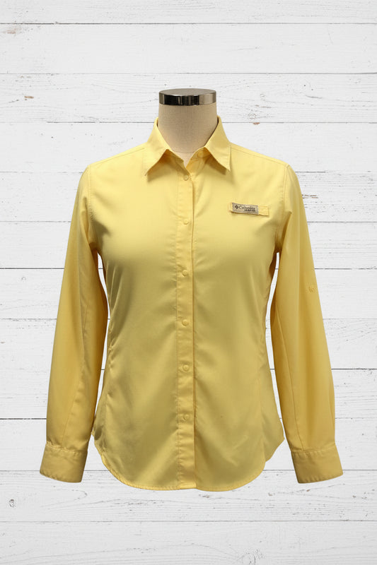 Camisa de mujer Columbia 🔹color amarillo claro con Omni Shade Manga larga Talla S (ver descripción)