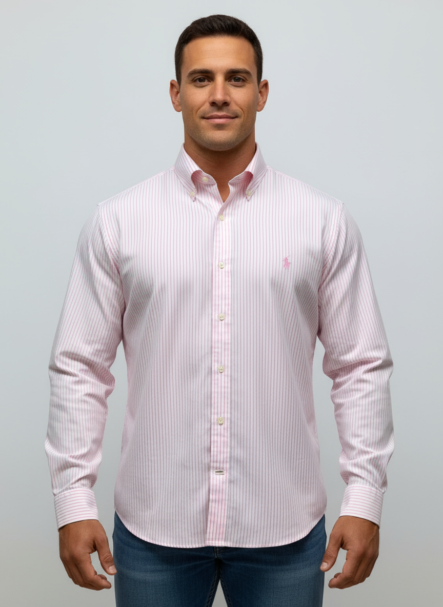 Camisa Polo Ralph Lauren 🏇🏼 color blanco con patron de rayas finas en color rosado Talla XL Entalle Regular