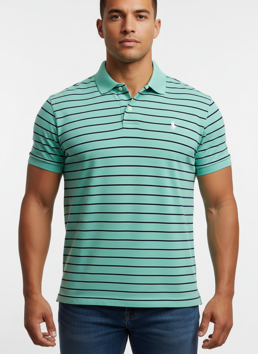 Camiseta Polo Ralph Lauren 🏇🏼 color turquesa con patrón de rayas color negro y blanco Talla L Entalle Regular