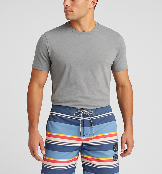 Short de baño Hurley 🏄🏽‍♂️ color celeste con franjas en amarillo, rojo y crema talla M