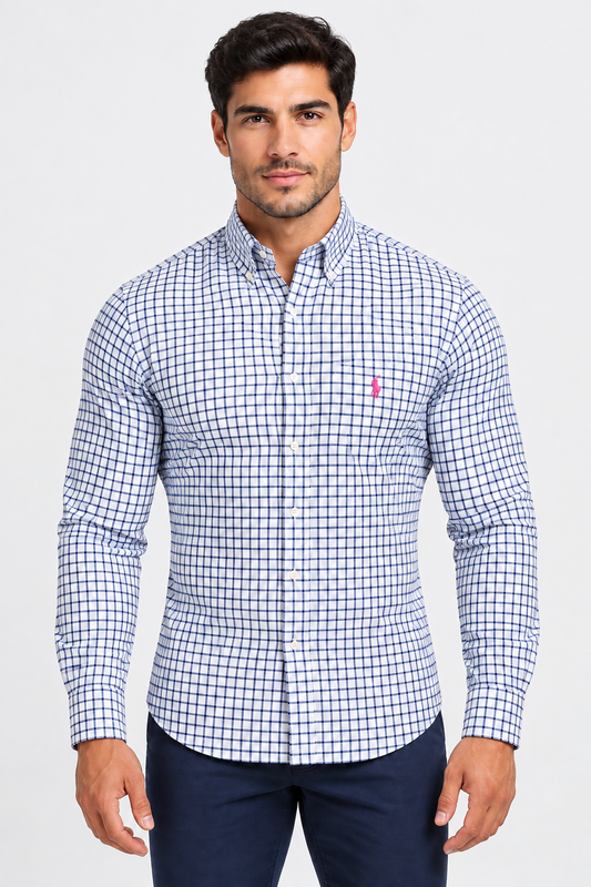 Camisa Polo Ralph Lauren 🏇🏼 color blanco de cuadros en azul Talla L Entalle Custom Fit