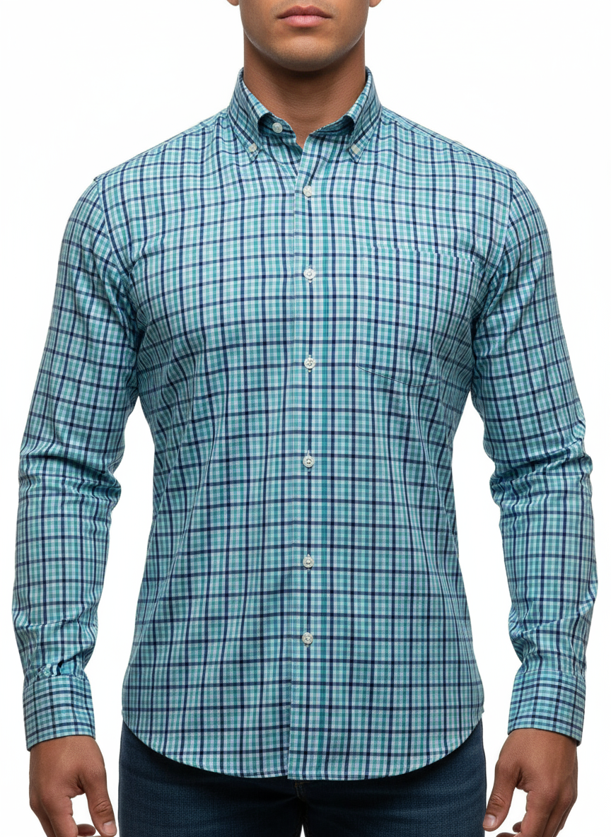 Camisa de botones J.Crew 🇺🇸 Performance Color blanco de cuadros en celeste, turquesa y azul Talla S Entalle Regular