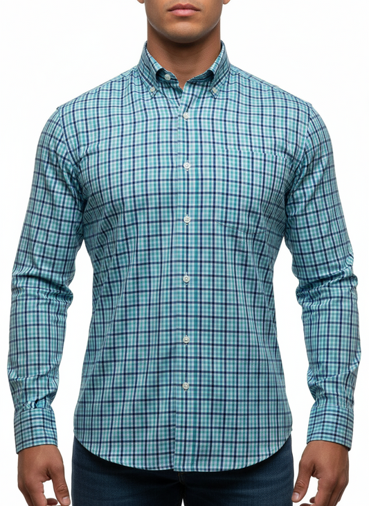 Camisa de botones J.Crew 🇺🇸 Performance Color blanco de cuadros en celeste, turquesa y azul Talla S Entalle Regular