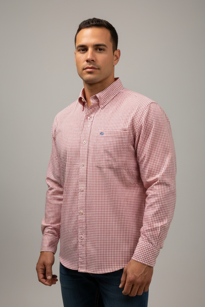 Camisa de botones Southern Tide  🐟 Con patron de cuadros en color rojo y blanco Talla M Entalle Regular