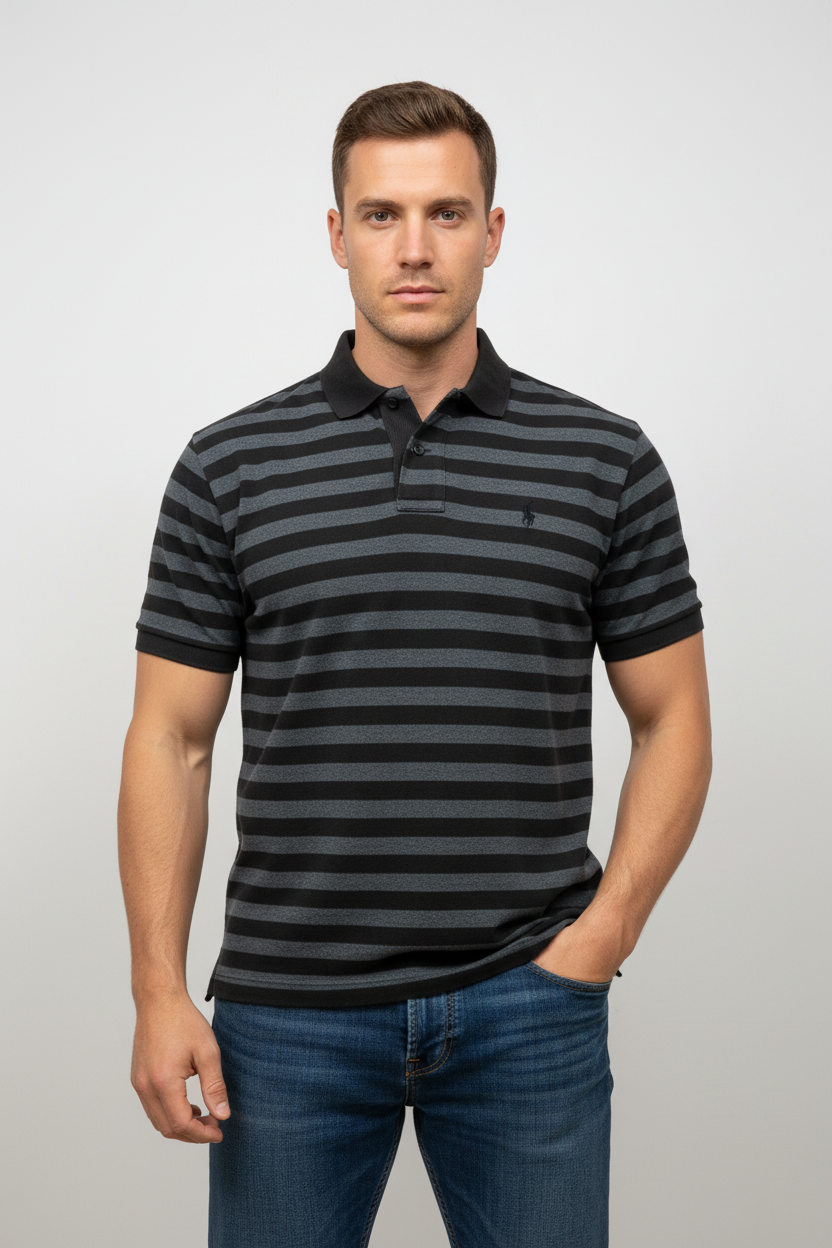 Camiseta Polo Ralph Lauren 🏇🏼 con patron de rayas en color gris oscuro y claro Talla L Entalle Regular (ver descripción)