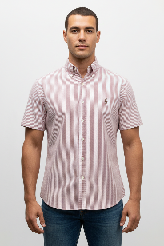 Camisa de botones Polo Ralph Lauren 🏇🏼 Oxford con rayas en rosado oscuro y blanco Talla M Entalle Clásico