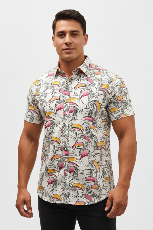 Camisa de botones Hurley 🏄🏽‍♂️ color blanco con diseño de tucanes Talla XL Entalle Regular