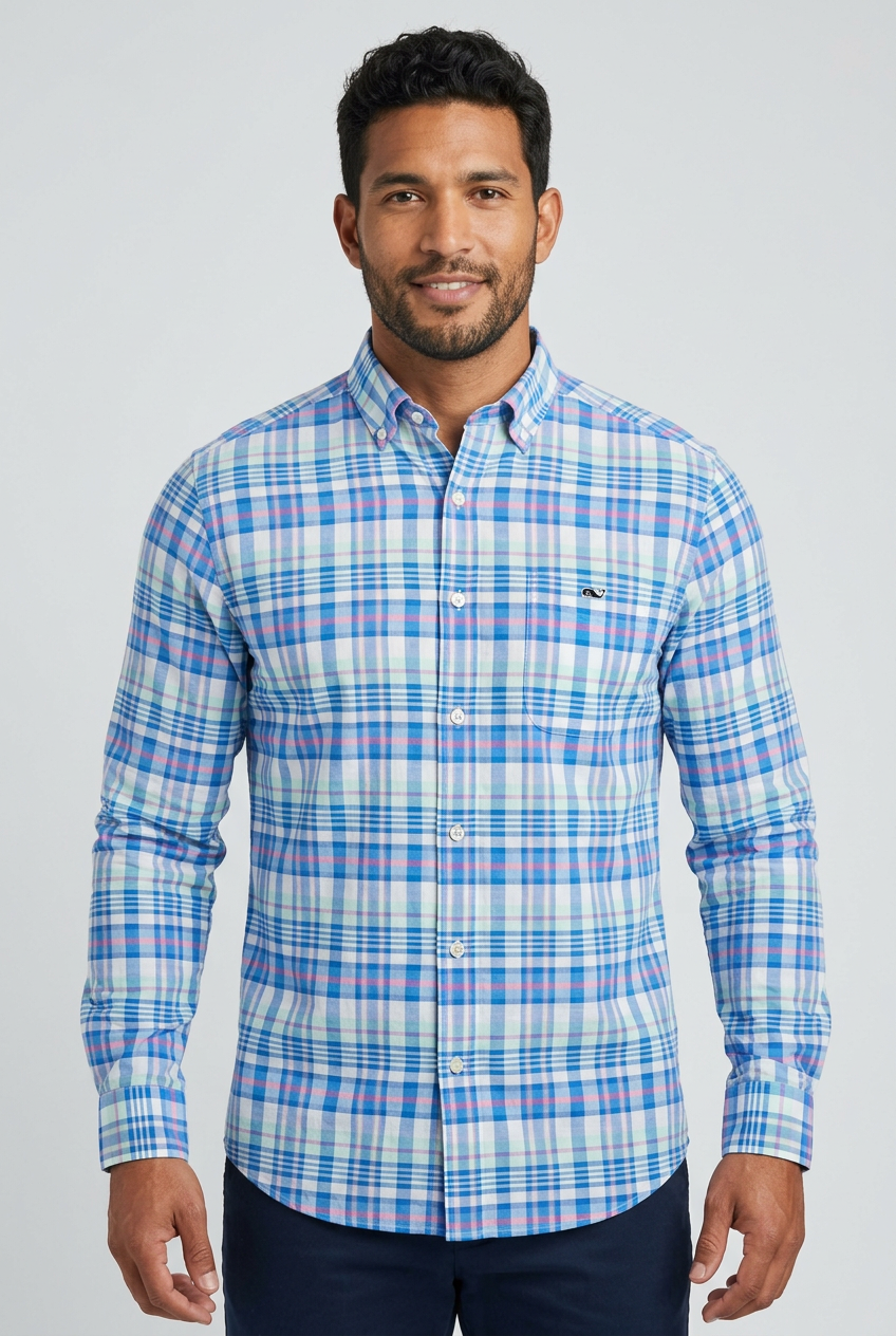Camisa de botones Vineyard Vines 🐳 color blanco de cuadros en verde, azul y rosado Talla M Entalle Slim Fit