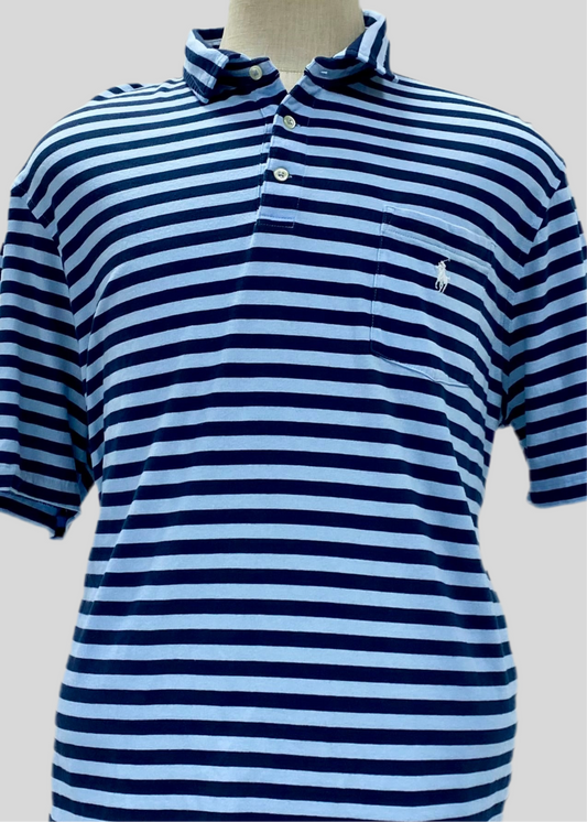 Camiseta Polo Ralph Lauren 🏇🏼con patron de rayas en color celeste y azul navy Talla L Entalle Clásico