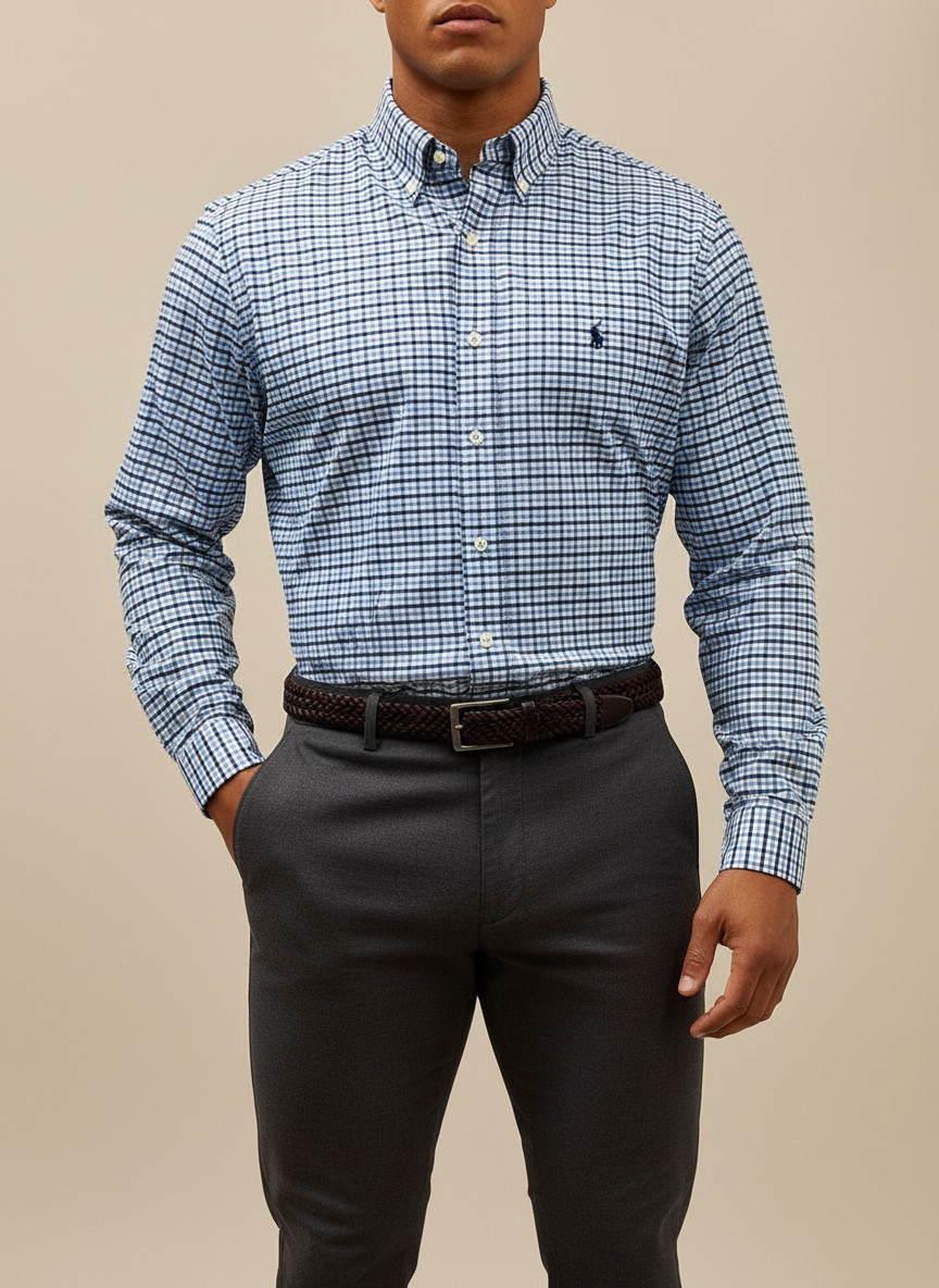 Camisa Polo Ralph Lauren 🏇🏼 Performance color blanco de cuadros azul y celeste Talla M Entalle Clásico