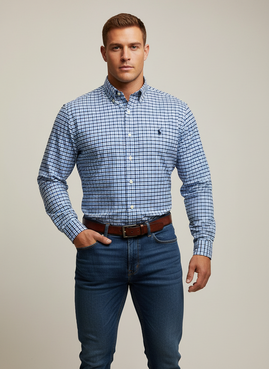 Camisa Polo Ralph Lauren 🏇🏼 Performance color blanco de cuadros azul y celeste Talla M Entalle Clásico