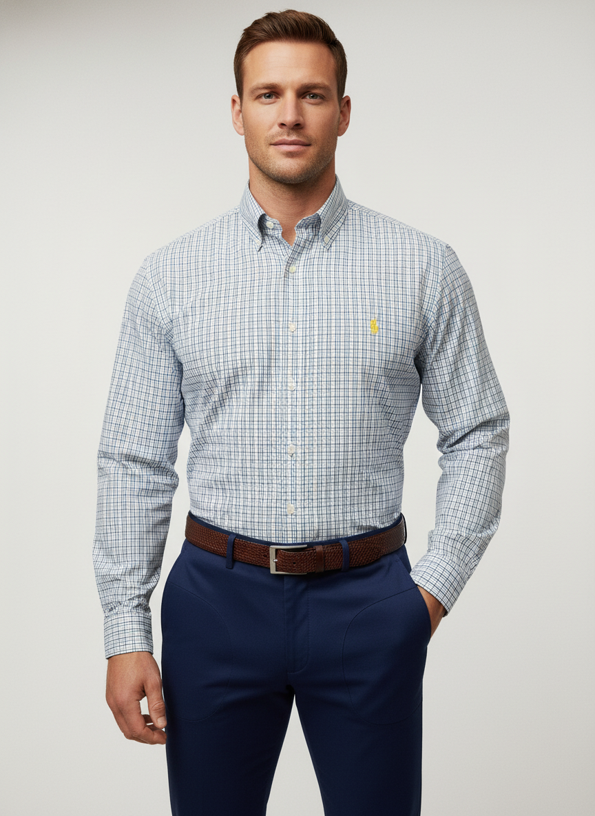 Camisa Polo Ralph Lauren 🏇🏼 color blanco con patrón de cuadros amarillo, azul y negro Talla M Entalle Slim Fit