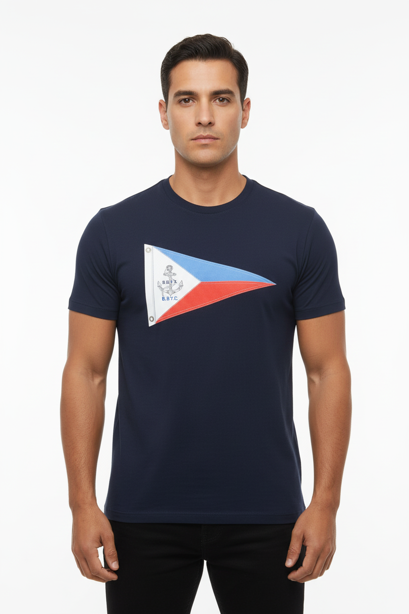 Camiseta cuello redondo Brooks Brothers 🐑 color azul navy y diseño de bandera nautica Talla S