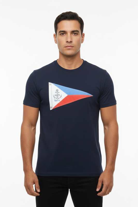 Camiseta cuello redondo Brooks Brothers 🐑 color azul navy y diseño de bandera nautica Talla S