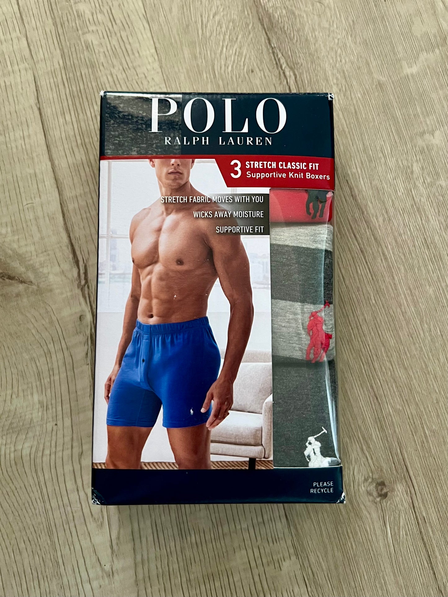 Paquete de 3 Boxer tejido Polo Ralph Lauren 🏇🏼 Classic Fit Tela algodón stretch color rojo, gris y de rayas Talla M