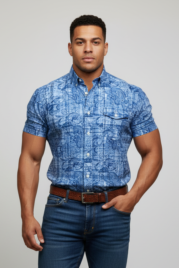 Camisa de botones Polo Ralph Lauren 🏇🏼 color azul indigo y blanco con diseño floral Talla M Entalle Regular