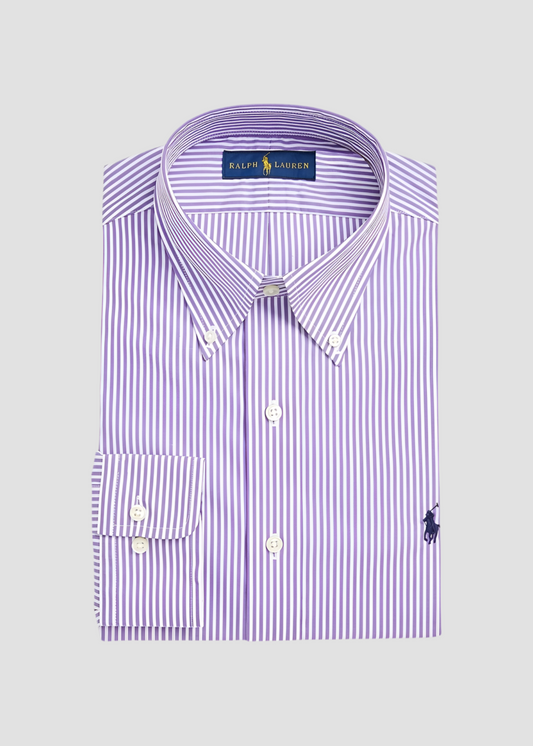 Camisa Polo Ralph Lauren 🏇🏼 con patron de rayas en color morado y blanco Talla M Entalle Clásico