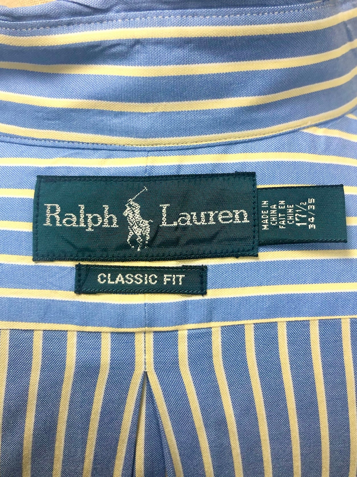 Camisa de botones Polo Ralph Lauren 🏇🏼 color celeste con patron de rayas en color amarillo Talla XL Entalle Clásico