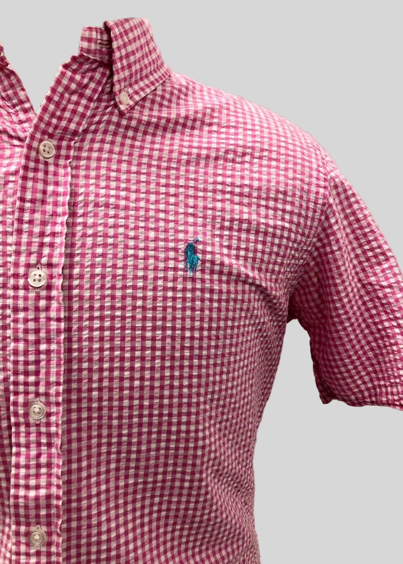 Camisa Polo Ralph Lauren 🏇🏼 Seersucker de cuadros en rosado y blanco Talla M Entalle Regular