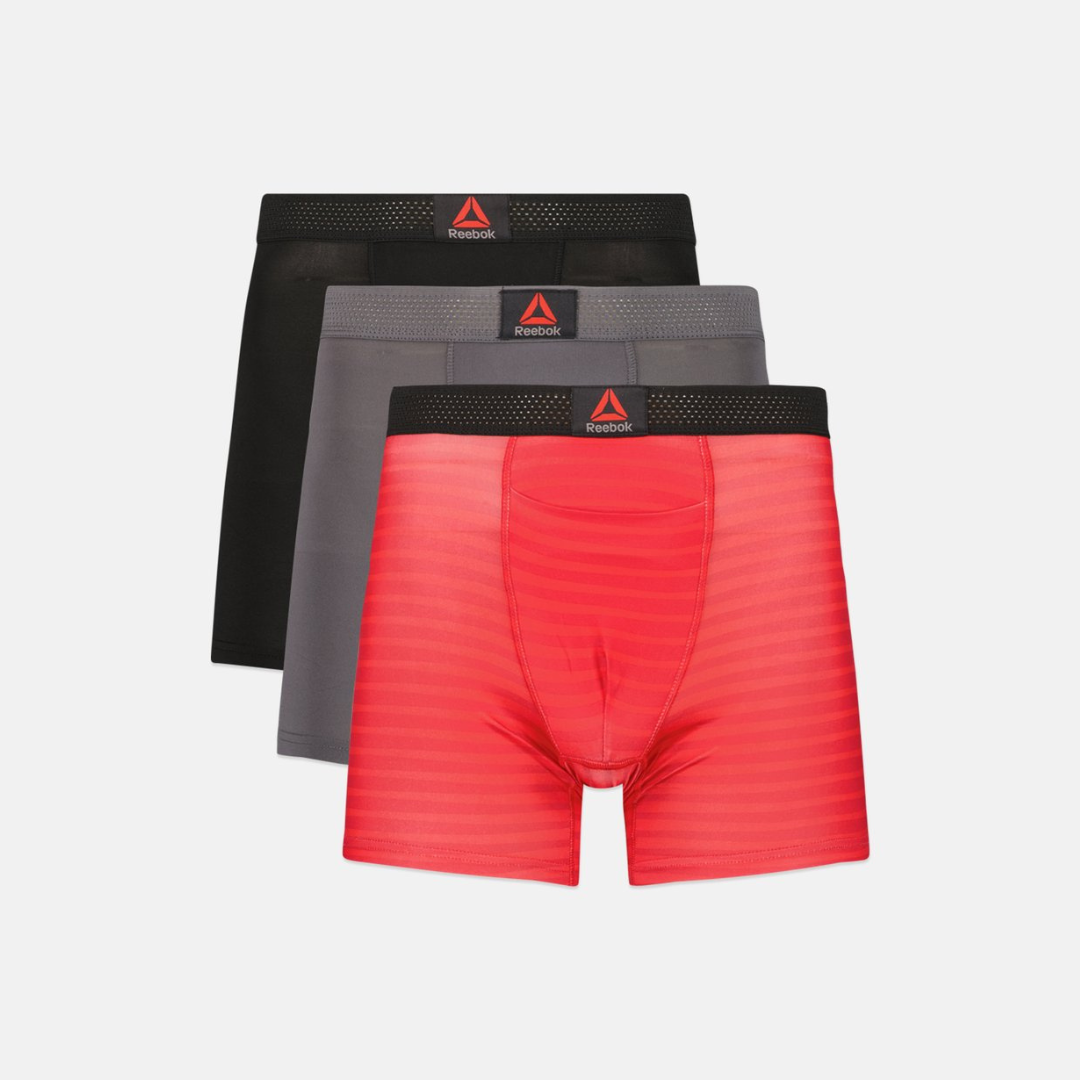 Combo de 3 Boxers Briefs Reebok Tela Performance en color negro, gris y rojo Talla 2XL y 3XL