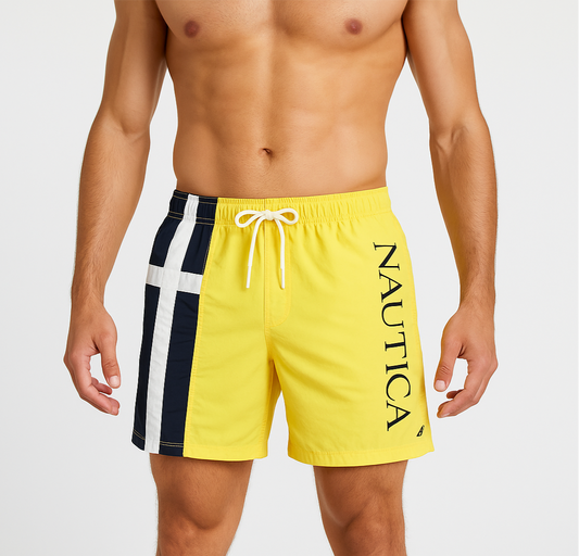 Short de baño Nautica ⚓️ color amarillo con franjas en color azul navy y blanco y logo en color azul navy talla M