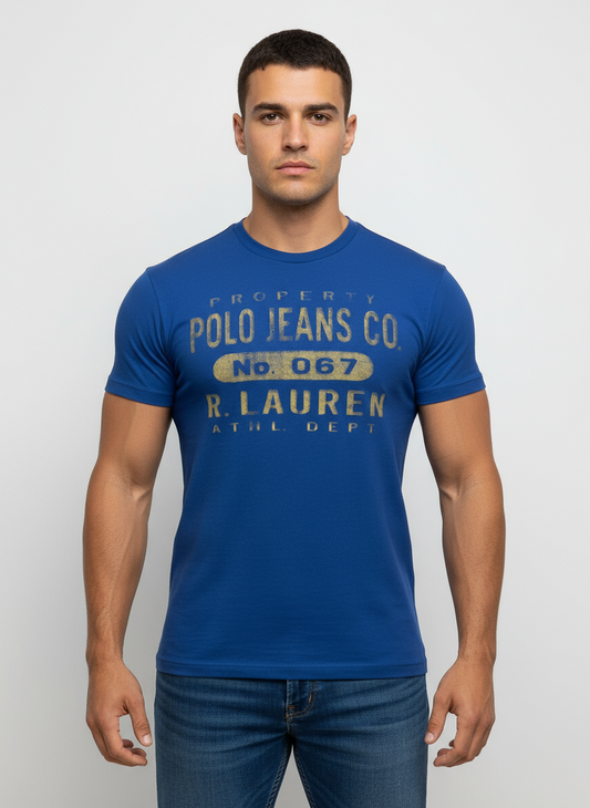 Camiseta cuello redondo Polo Ralph Lauren 🏇🏼 color azul con diseño Polo 67 en amarillo Talla S Entalle Regular