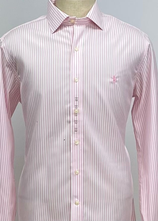 Camisa Polo Ralph Lauren 🏇🏼 color blanco con patron de rayas finas en color rosado Talla L Entalle Regular