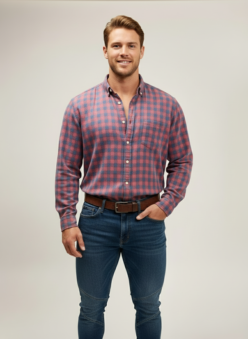Camisa de botones Banana Republic de lino cuadros en color rojo y azul grisáceo Talla L Entalle Regular