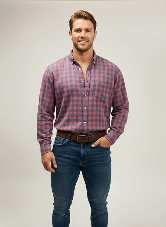 Camisa de botones Banana Republic de lino cuadros en color rojo y azul grisáceo Talla L Entalle Regular