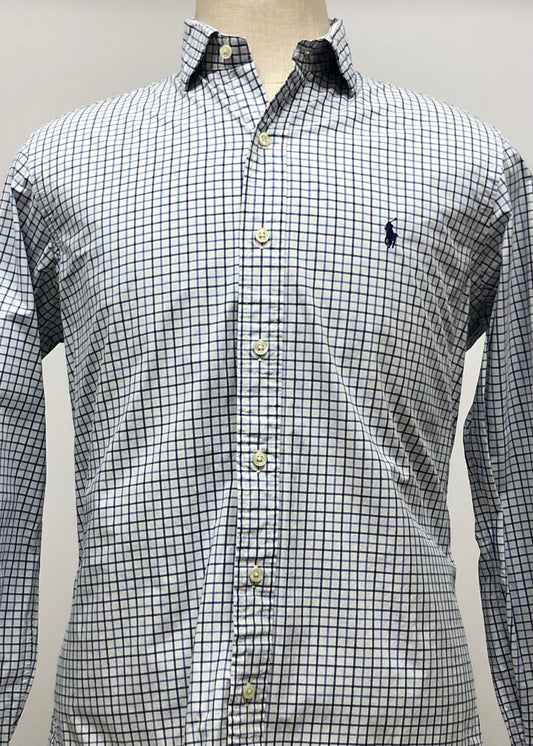 Camisa Polo Ralph Lauren 🏇🏼 color blanco con patrón de cuadros azul y negro Talla M Entalle Regular (ver descripción)