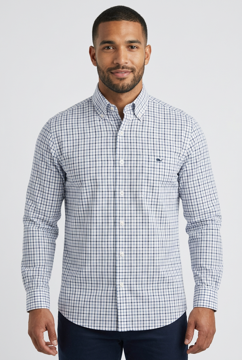Camisa de botones Vineyard Vines 🐳 color blanco de cuadros en azul y negro Talla M Entalle Clásico