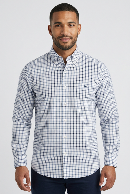 Camisa de botones Vineyard Vines 🐳 color blanco de cuadros en azul y negro Talla M Entalle Clásico