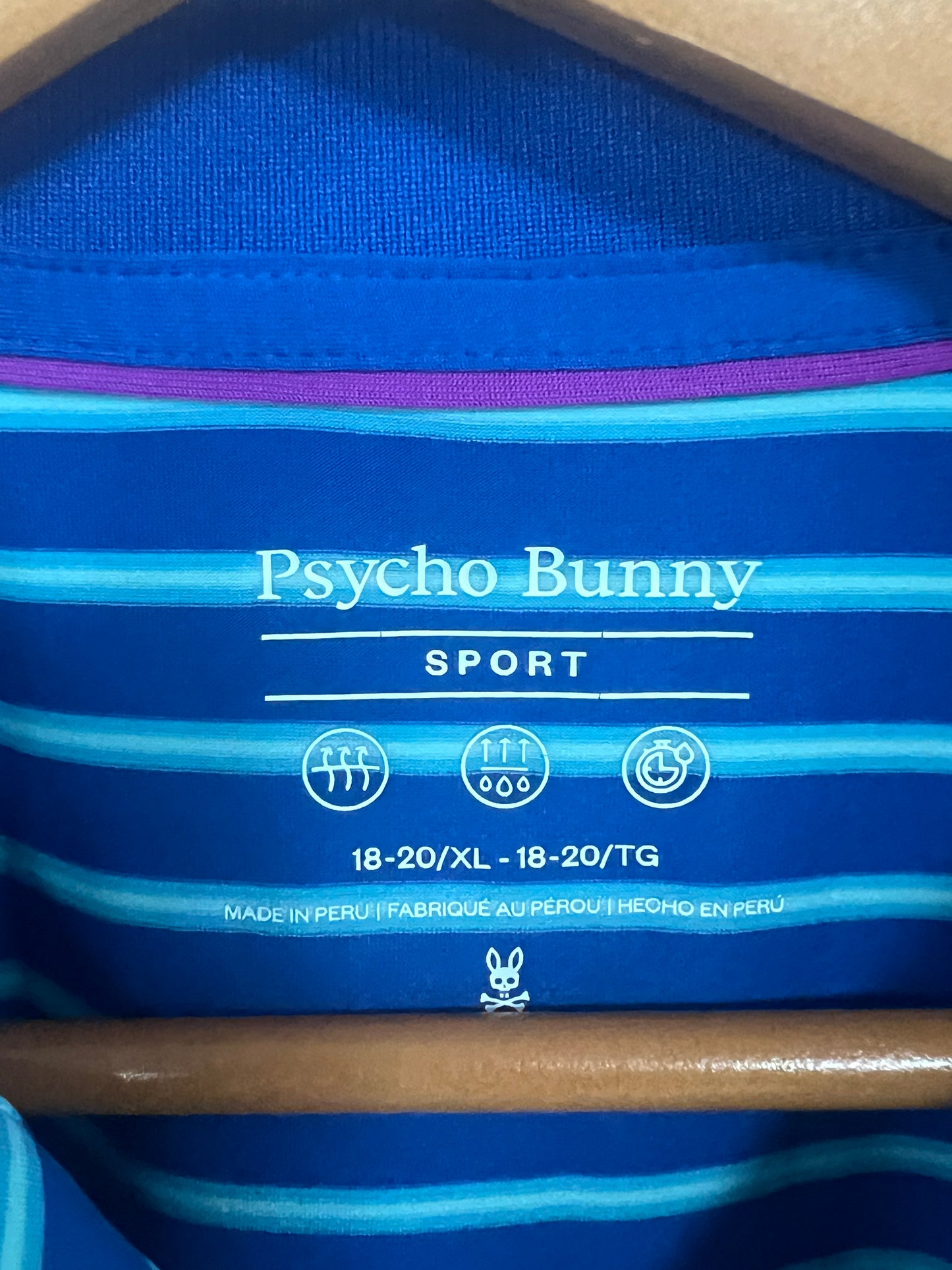 Camiseta Polo de niño Psycho Bunny 🐰 Performance con rayas en turquesa y azul Talla XL Entalle Regular