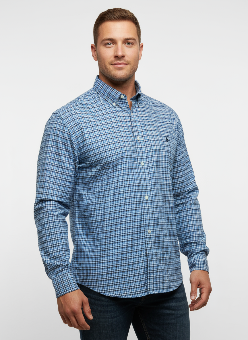 Camisa Polo Ralph Lauren 🏇🏼 con patrón de cuadros azul, celeste y blanco Talla XL Entalle Slim Fit