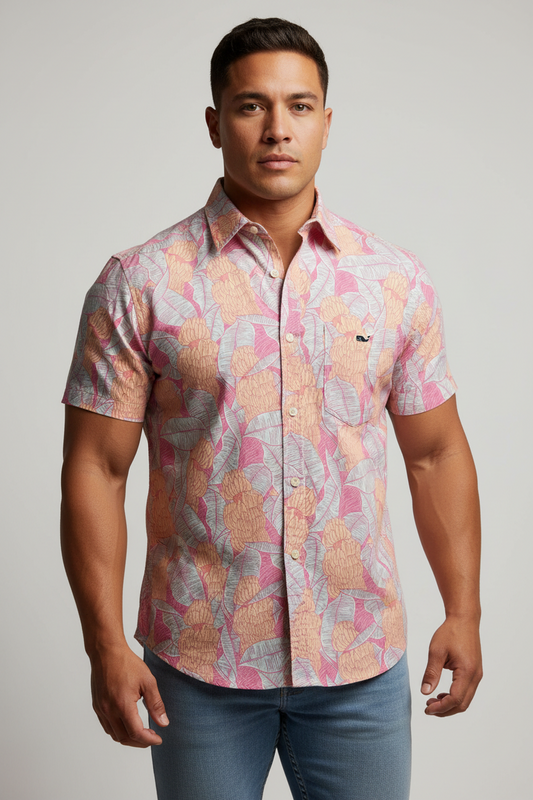 Camisa de botones Vineyard Vines 🐳 con diseño de tropical en color rosado, blanco y amarillo Talla M Entalle Regular