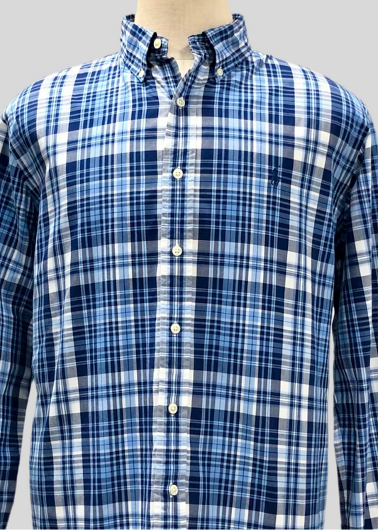 Camisa de botones Polo Ralph Lauren 🏇🏼 con patron de cuadros tartán azul, celeste y blanco Talla XL Entalle Regular
