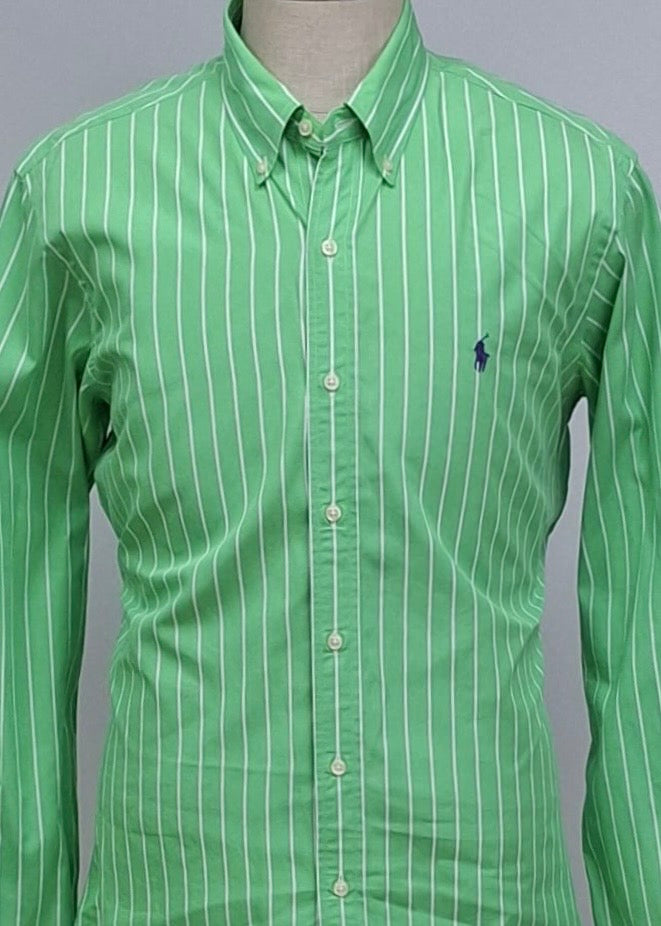 Camisa Polo Ralph Lauren 🏇🏼 color verde con patron de rayas en color Blanco Talla L Entalle Custom Fit