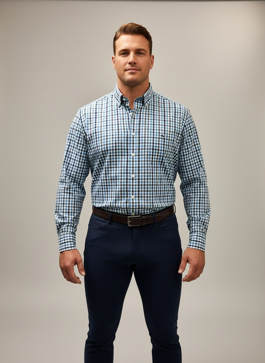 Camisa de botones Vineyard Vines 🐳 color blanco de cuadros en color gris y azul Talla L Entalle Regular