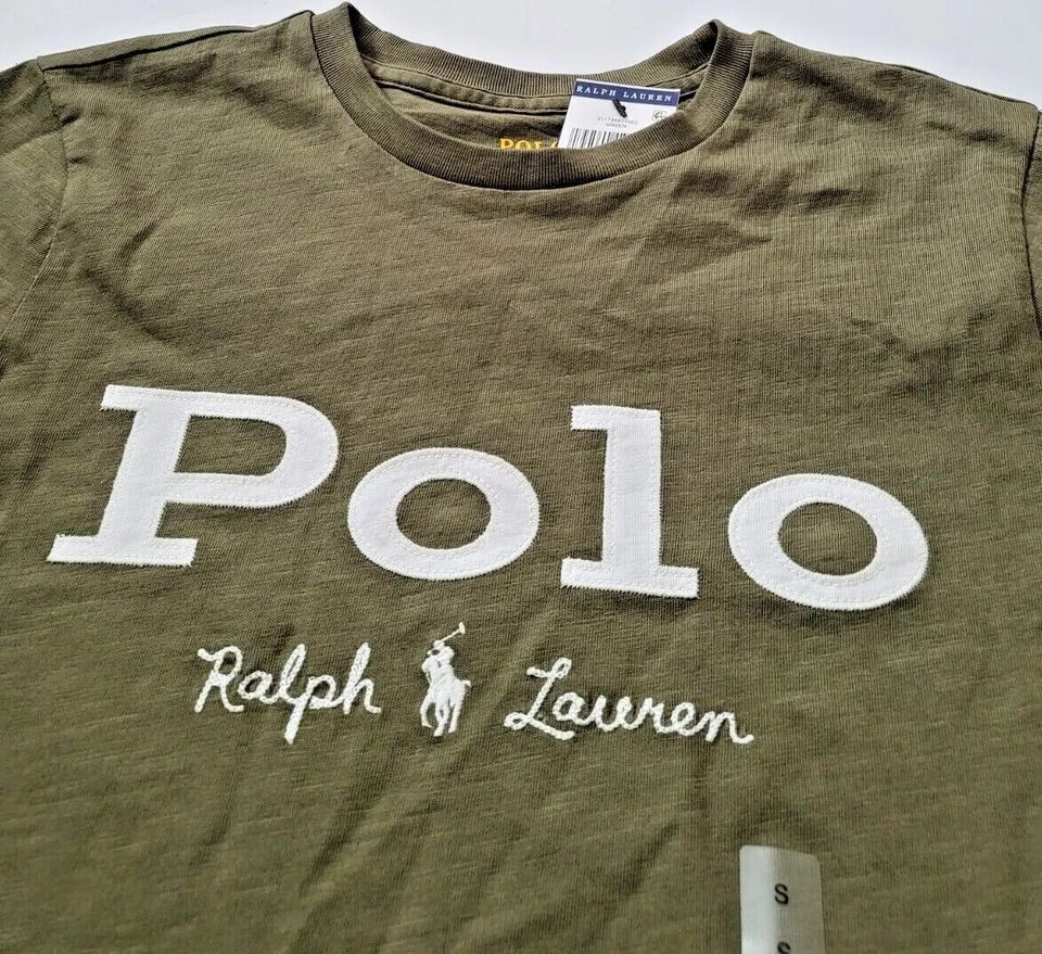 Camiseta cuello redondo de mujer Polo Ralph Lauren 🏇🏼 color verde oliva con diseño de logo blanco Talla XS Entalle Regular