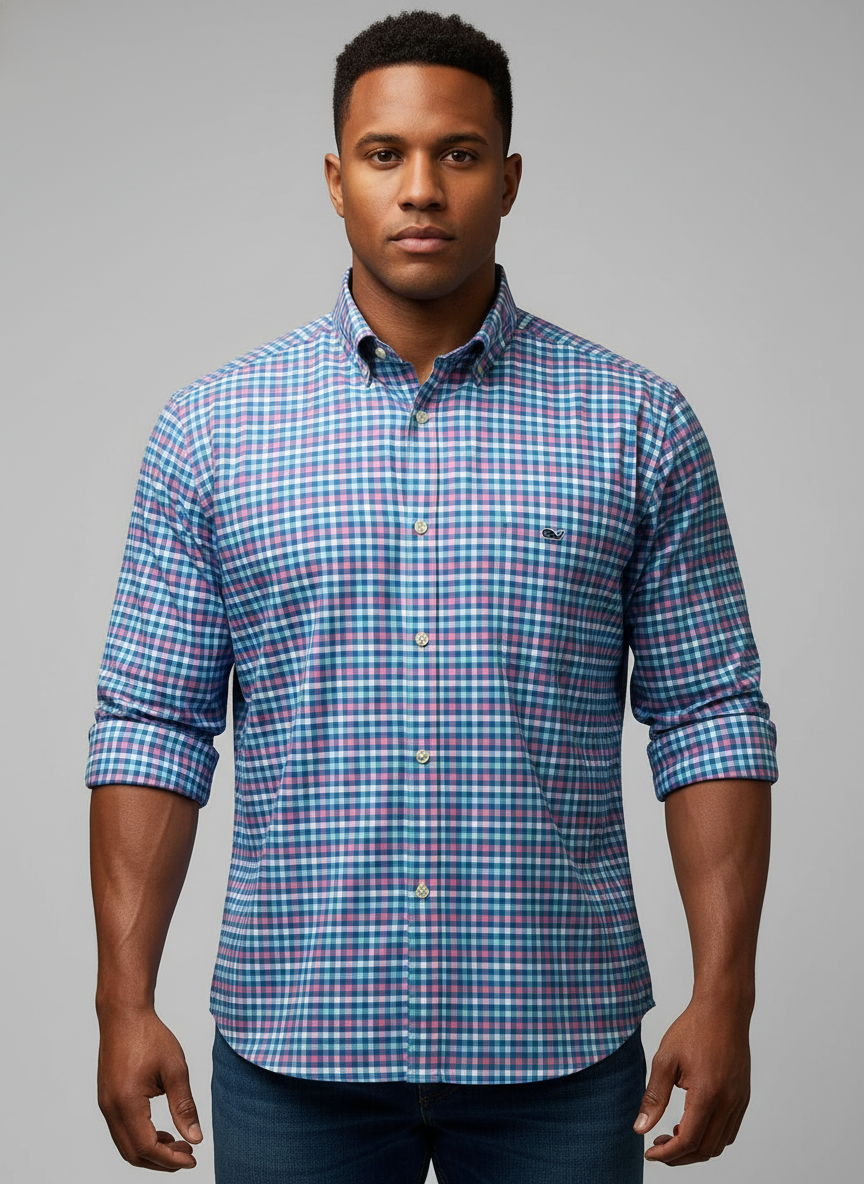 Camisa Vineyard Vines 🐳 Performance de cuadros en color rosado, celeste y blanco Talla L Entalle Clásico