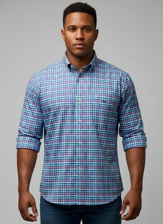 Camisa Vineyard Vines 🐳 Performance de cuadros en color rosado, celeste y blanco Talla L Entalle Clásico