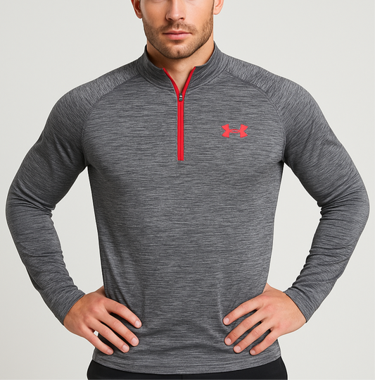 Sueter Jersey Under Armour 🏋🏽 color gris degradado y logo en color rojo Talla S