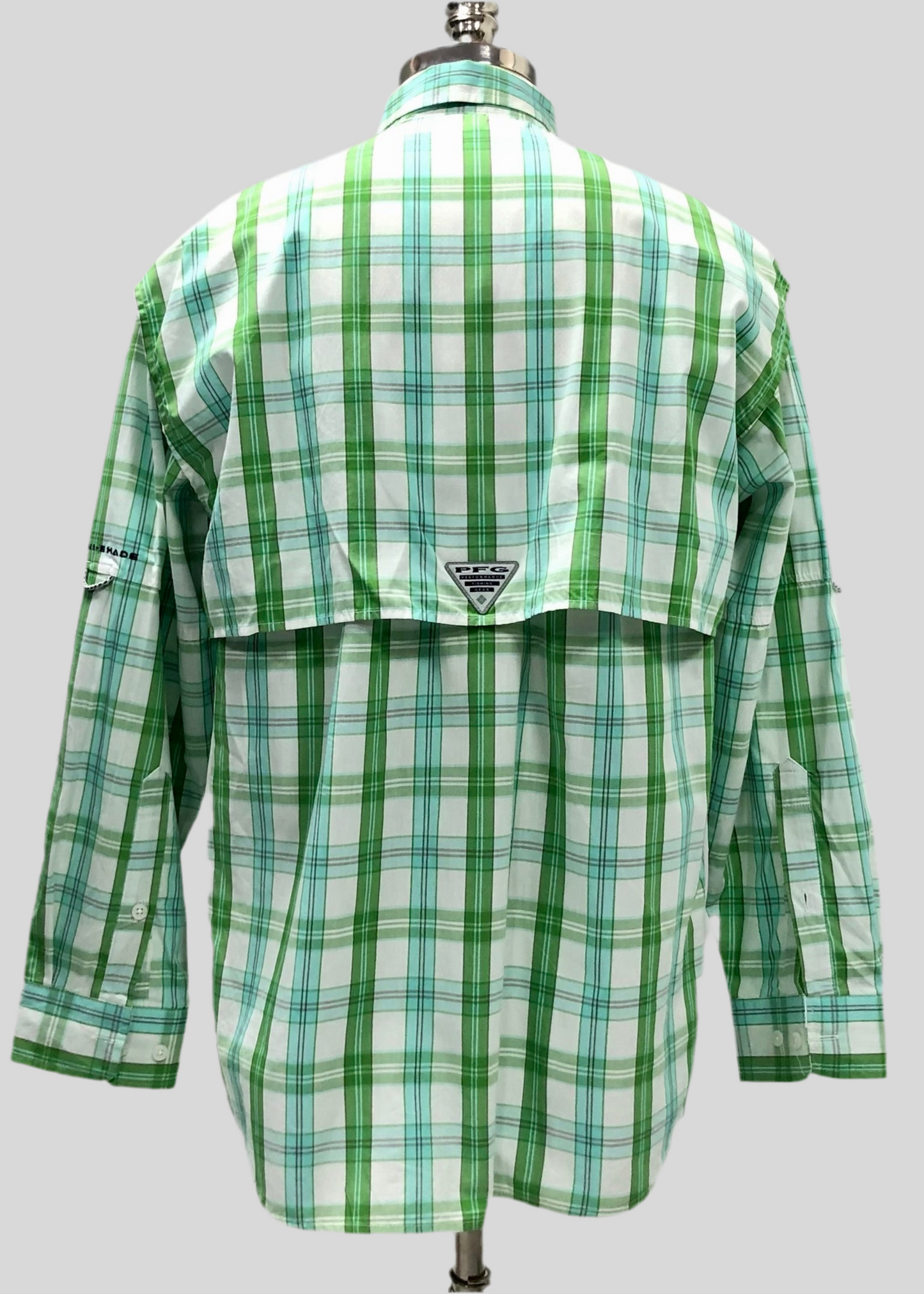 Camisa Columbia 🔹 Modelo Super Bonehead con patrón de cuadros en celeste, verde y blanco Manga larga Talla S