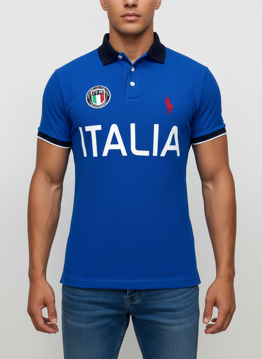 Camiseta Polo Ralph Lauren 🏇🏼 color azul con diseño de Italia y con logo en rojo Talla S Custom Fit